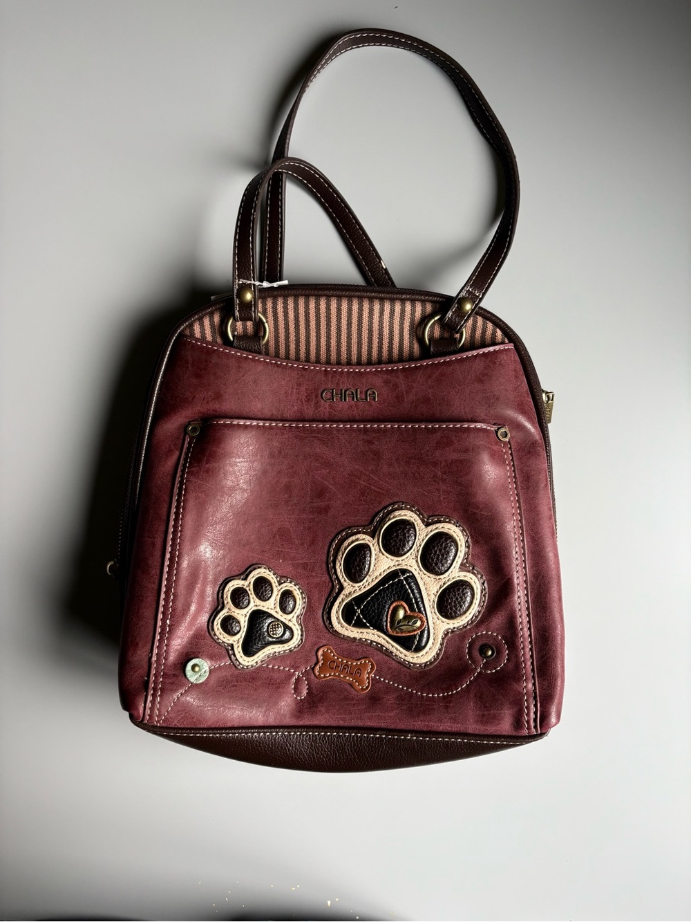 Chala Burgundy and Brown Paw Shoulder/Backpack Bag